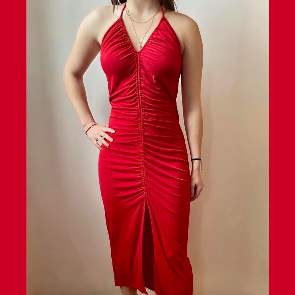 Beautiful Ruby Red Maxi Halter Dress with scrunch down the middle